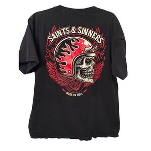 Red Devil Men's Black T-Shirt L Flaming Skull Biker Gothic Graphic Tee